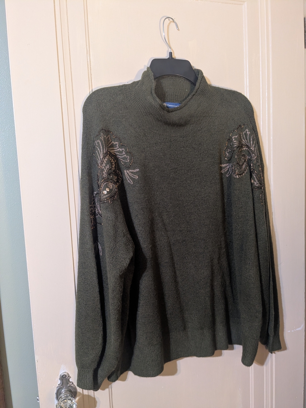 Democracy Olive Green Turtleneck Sweater with Embroidered Sleeves